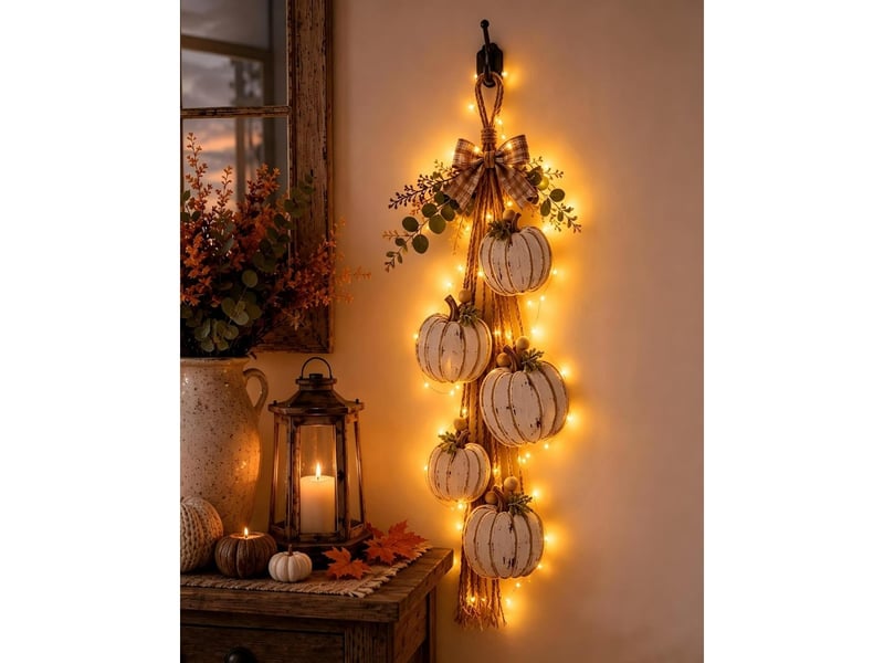  Lot de 5 décorations d’automne citrouilles blanches en bois avec led, nœuds à carreaux, pour porte et mur  - Conforama A
