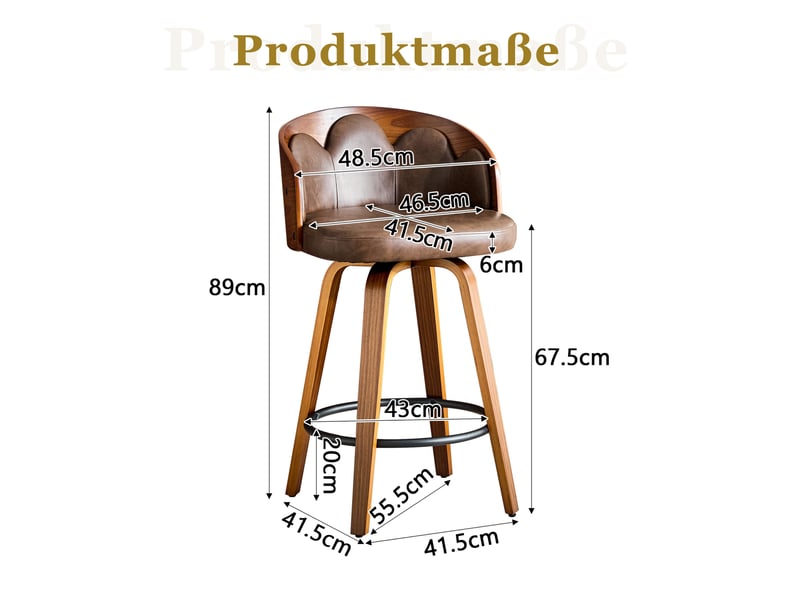  Lot de 2 tabourets de bar, tabouret de bar dossier fleur, bois courbé, assise pu, moderne, repose-pieds métal, marron  - Conforama C
