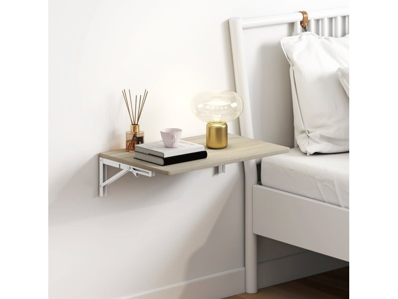  Bureau mural rabattable tcqpz 60 x 40 cm chene clair, table murale pliante peu encombrante, plateau melamine, angles arrondis, panneau de particules et metal  - Conforama E