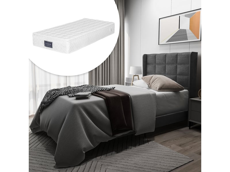  Lit capitonné, lit enfant 90x200 cm, sommier à lattes, matelas inclus, lin gris  - Conforama A