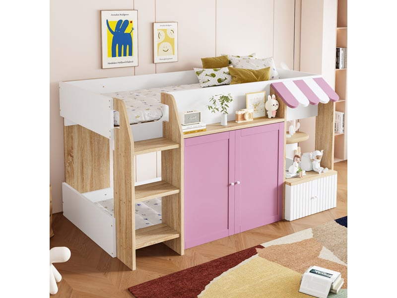 Lit mezzanine 90x200 cm coloris rose bois massif lit enfant rose - Conforama D