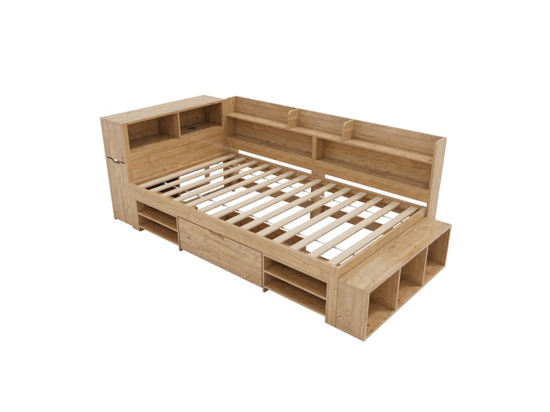  Lit enfant avec rangement intégré, 90 x 200 cm, lit simple, lit enfant multifonctionnel avec tables de chevet, étagères et rangements, chargeur sans fil, sans matelas, coloris naturel  - Conforama D