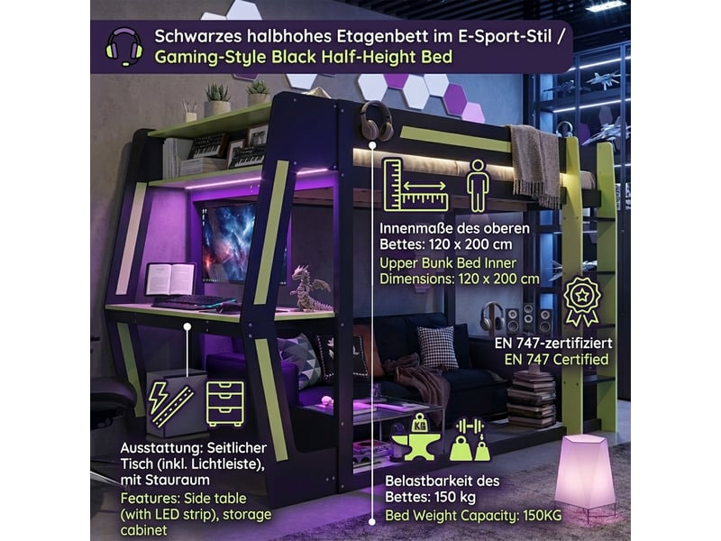 Lit mezzanine gaming 120x200 cm avec bureau intégré, espace pc, rangements, éclairage led, lit haut adolescent en bois design noir et vert - noir - Conforama D