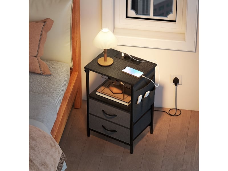  Table d'appoint étroite avec 2 tiroirs, 2 prises et ports usb-a et usb-c pour chambre, acier noir 40 × 30 × 60 cm  - Conforama D