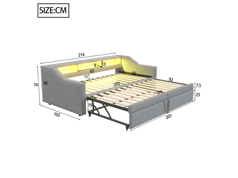  Modenvie canapé-lit gigogne 90180x200 cm - led, usb et rangements latéraux - avec 2 matelas - gris  - Conforama C