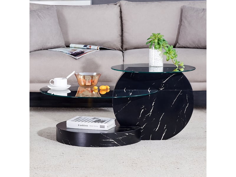  Table basse - 90x51x44cm - en verre trempé &amp; mdf - table de salon multiniveau effet marbre noir - noir veiné  - Conforama D