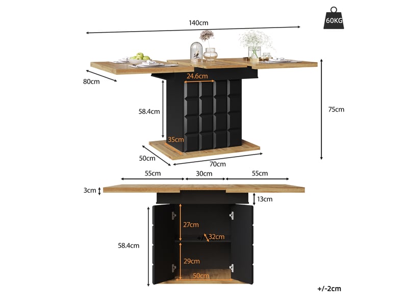 Table de séjour rectangulaire avec allonge noir+naturel - 80x110-140max.cm mdf table bicolore - Conforama C