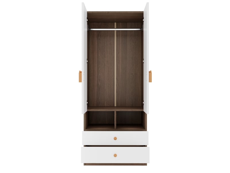  Armoire modenvie 2 portes avec 2 tiroirs et niches 70 x 50 x 170 cm mdf bois naturel et blanc  - Conforama E