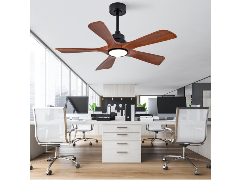  Ventilateur de plafond 107x107x34,5 cm réversible 6 vitesses, éclairage led 3 cct dimmable avec télécommande, 5 pales en bois massif, structure en métal, coloris noyer et noir  - Conforama D