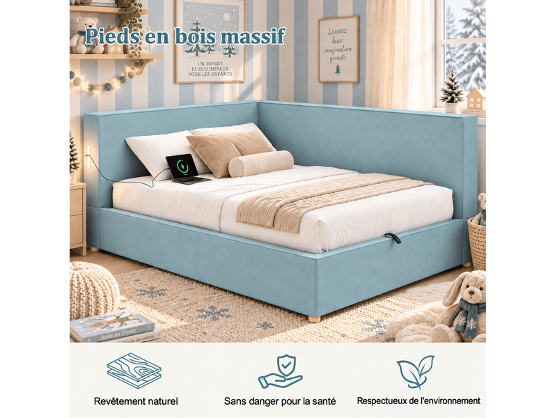  Lit banquette 90x200 cm, coffre hydraulique, sommier inclus, led, usb et usb-c, velours bleu sans matelas  - Conforama D