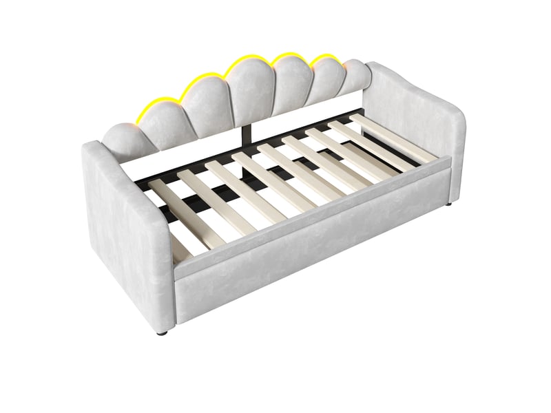  Lit gigogne 90x200 cm led, lit banquette lit enfant en velours gris avec sommier à lattes, sans matelas  - Conforama E