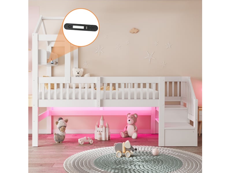  Lit surélevé enfant 90x200 cm, cadre toit, rangements, usb, led, garde-corps, bois de pin, blanc,  sans matelas  - Conforama E