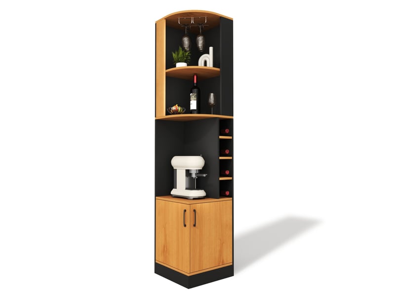  Meuble d'angle avec porte-verres, étagères ouvertes, 4 casiers à vin et placard, pour cuisine, noir, 40 × 40 × 182 cm  - Conforama A