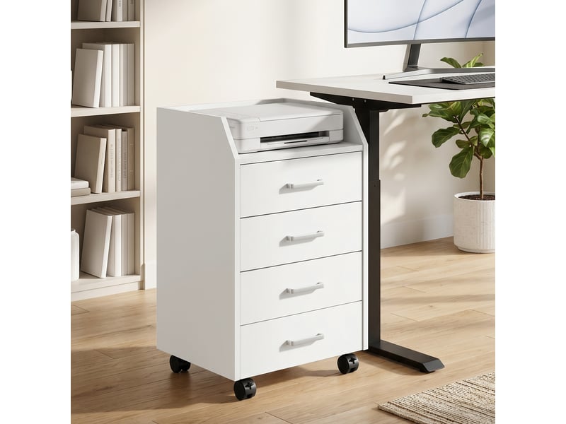 Commode de bureau en bois à 4 tiroirs, roulettes et bords surélevés, 40 x 36 x 65 cm, blanche  - Conforama D