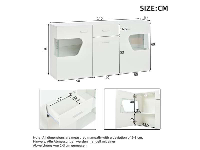  Buffet bas 140x33x70 cm avec led via appli, 3 portes, 1 tiroir, 8 rangements, verre trempé, façade blanc brillant, meuble salon et séjour  - Conforama D