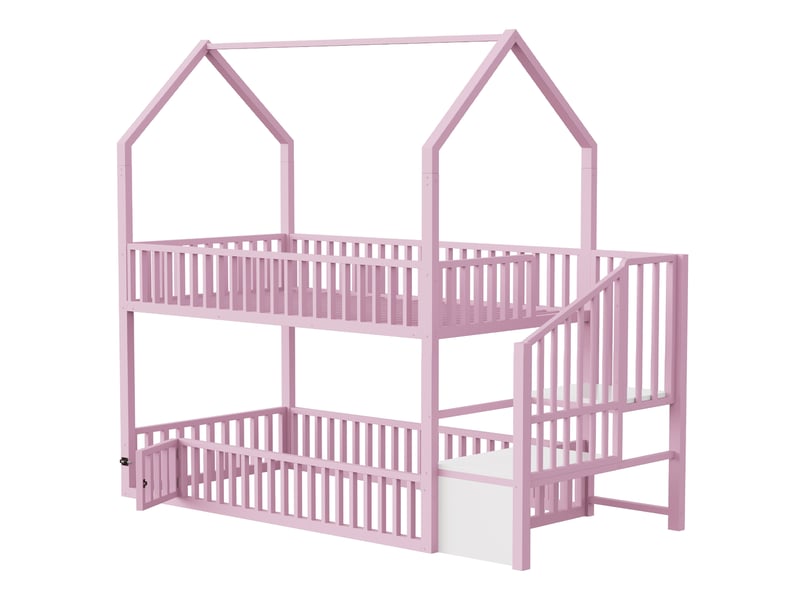  Lit superposé 90x200 cm, lit enfant, escalier, cadre métallique robuste, couchage confortable pour 2 personnes, support à lattes stable, métal rose CozyNest - Conforama E