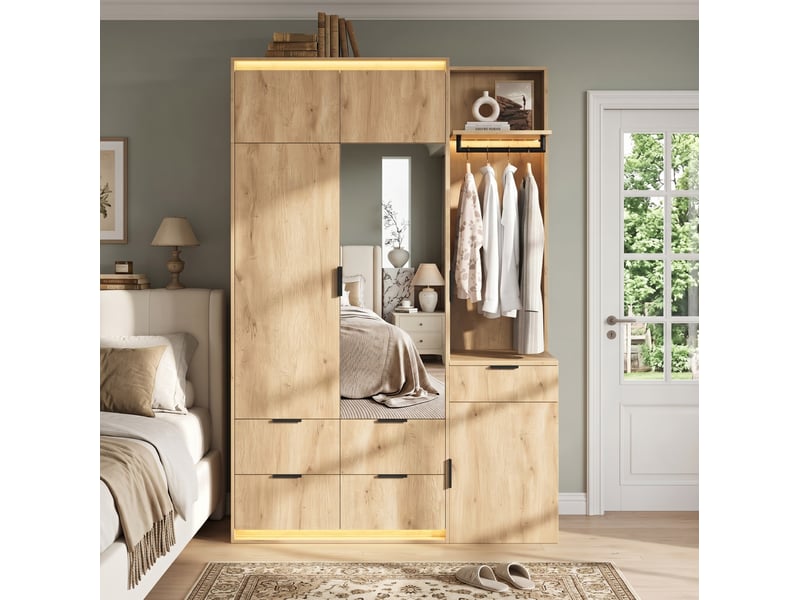  Armoire d’entrée avec miroir, 2 tringles, 5 tiroirs et 3 éclairages led moderne en mdf décor chêne 135 × 47 × 200 cm  - Conforama A