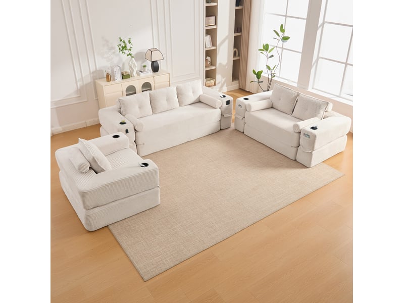  Canapé convertible 2 places pliable avec poches latérales, porte-gobelets et coussins en velours côtelé beige  - Conforama D