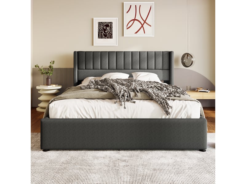  Lit double coffre hydraulique gris 160 x 200 cm avec matelas  - Conforama A