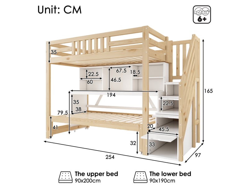  Lit superposé enfant avec lit gigogne et bureau mobile homvra  - Conforama E