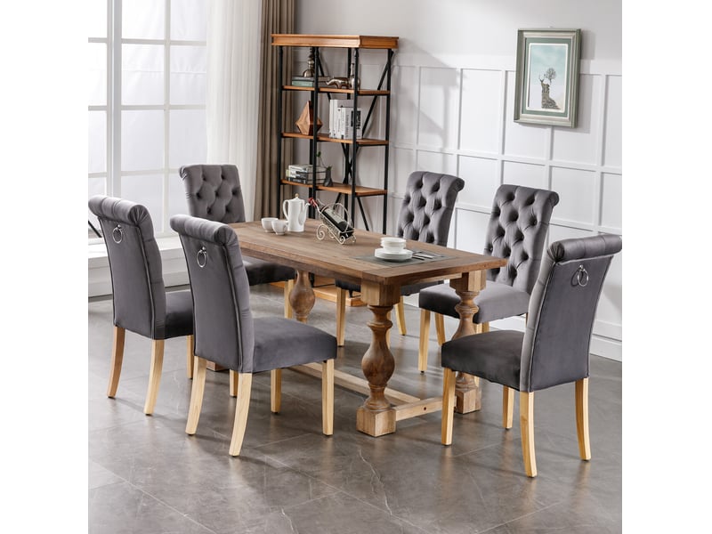  Chaises de salle à manger lot de 4 avec dossier capitonné et anneau chromé, pieds en chêne, velours gris  - Conforama D