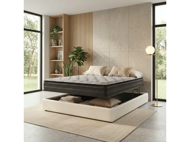  Ensemble lit coffre parallèle et matelas hybride nuage 160x200 cm - simili cuir blanc - collection tissu PREMIUM - Conforama B