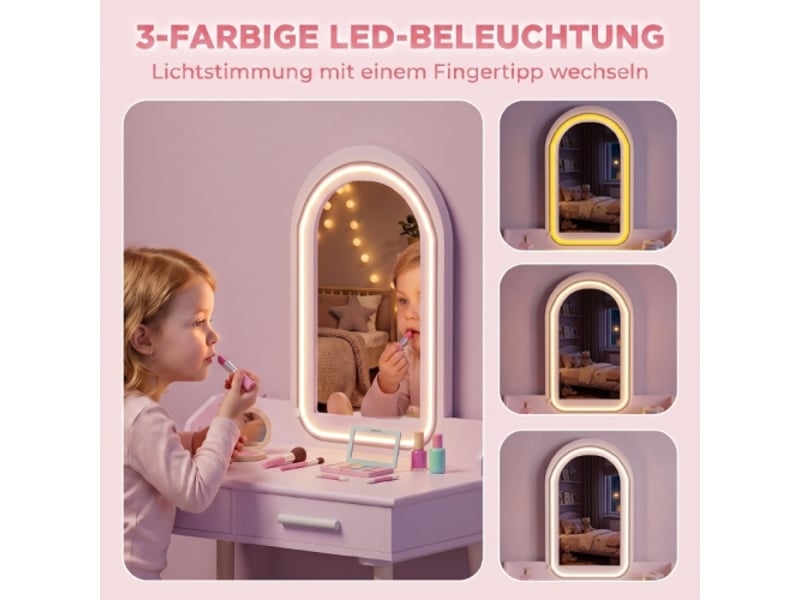 Coiffeuse enfant 2 en 1 avec tabouret, miroir led 3 lumières, 2 tiroirs, 3-8 ans - Conforama E