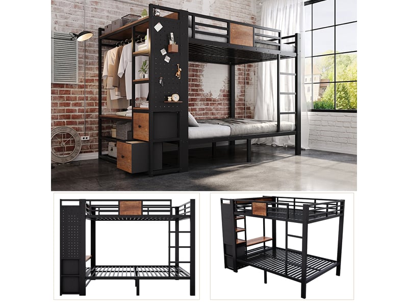  Lit superposé 120x200cm pour 2 couchages, avec armoire, penderie, panneau perforé, tiroirs en tissu et échelle, métal, noir et effet bois vintage evarich - Conforama D