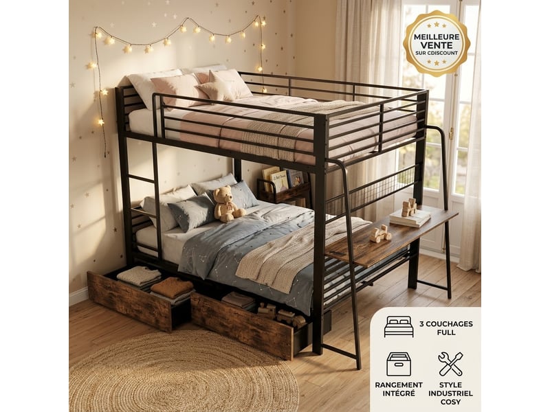  Lit mezzanine gaming 140x200 cm, bureau intégré, 2 tiroirs, led rgb musicale, usb et usb-c, panneau grille, métal noir Radiant Stride - Conforama E