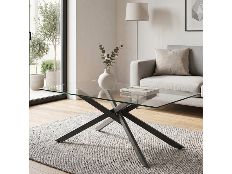  Table basse en verre trempé avec plateau transparent et structure en métal noir pour salon 100 × 60 × 46 cm  - Conforama C