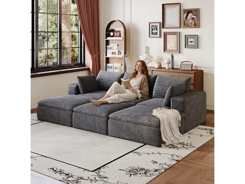  Canapé nuage en velours côtelé 6 places gris foncé 260 cm  - Conforama C