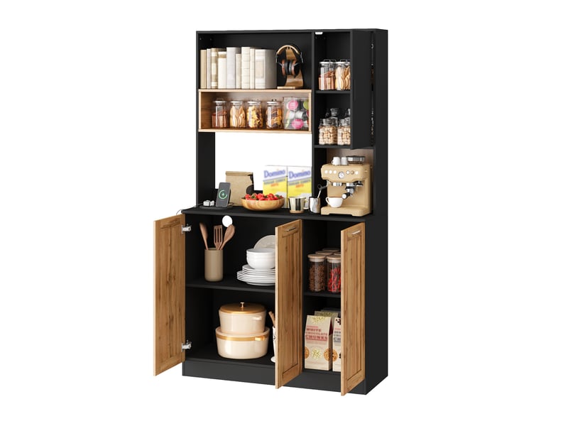  Buffet de cuisine haut avec étagères réglables, led et prises, pour cuisine et séjour, mdf naturel noir, 100×40×180 cm  - Conforama A