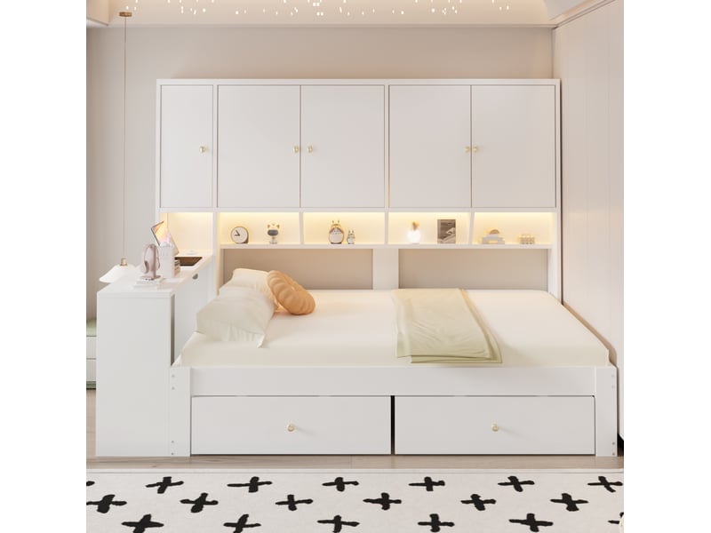  Lit multifonction 90x200 cm blanc avec bureau, rangements, led et prises  - Conforama D