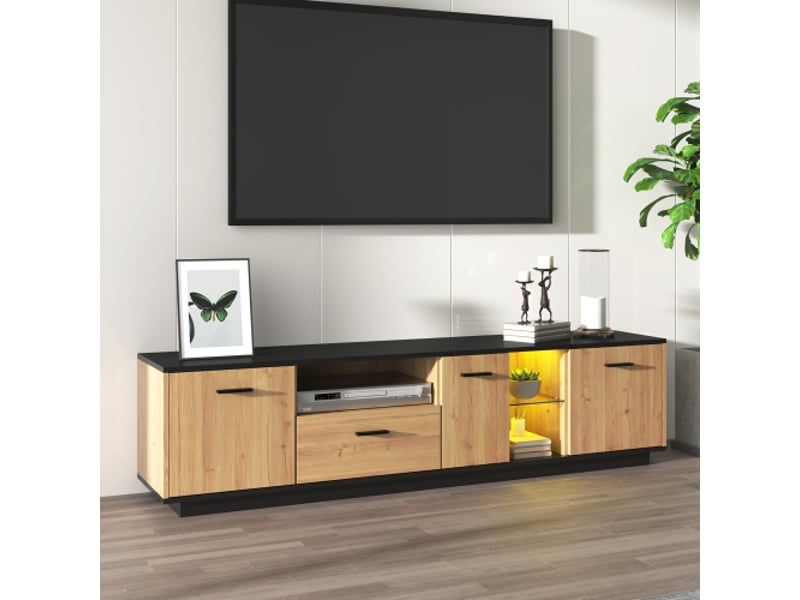 Meuble tv avec led – 1 tiroir, 3 portes, 2 compartiments ouverts en verre – meuble bas tv en bois noir et effet chêne naturel – éclairage led 15 couleurs – design moderne  - Conforama E