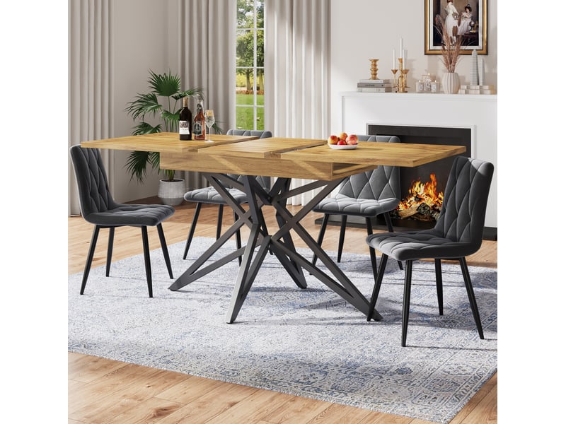  Ensemble table et chaises avec table extensible et 4 chaises, plateau bois foncé, tissu gris foncé, en mdf et métal  - Conforama C