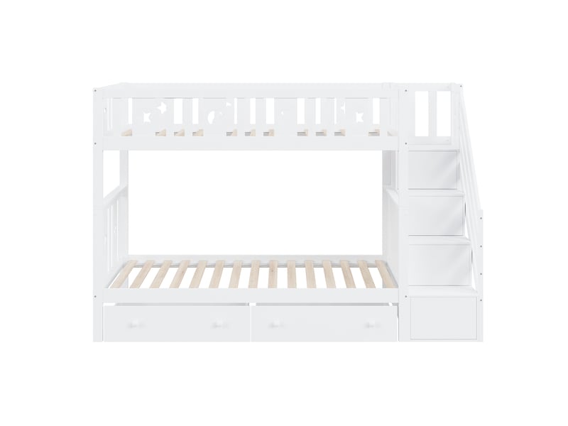 Lit superposé enfant 2x90x200 cm – blanc – escalier de rangement sécurisé, 2 tiroirs et sommiers inclus  - Conforama E