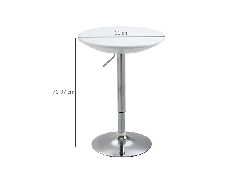  Table bar, table à manger moderne, bistro réglable, haute, comptoir, bureau, ronde, métal, laque abs, blanche, ø61x76-97 cm.  - Conforama E