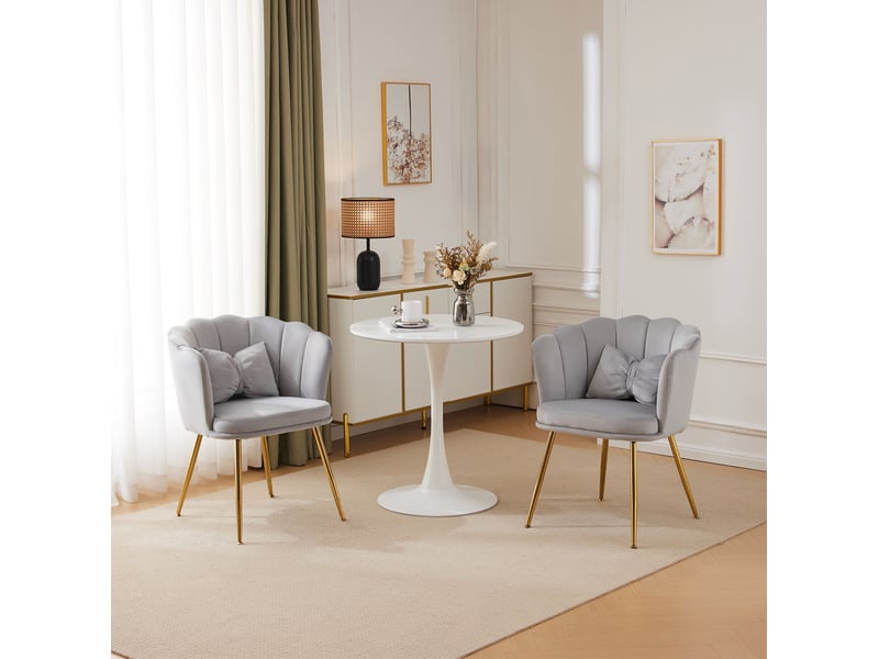  Fauteuils 58x63x77 cm lot de 2, dossier à pétales, pieds métal doré, coussins décoratifs, velours gris et confortable  - Conforama D