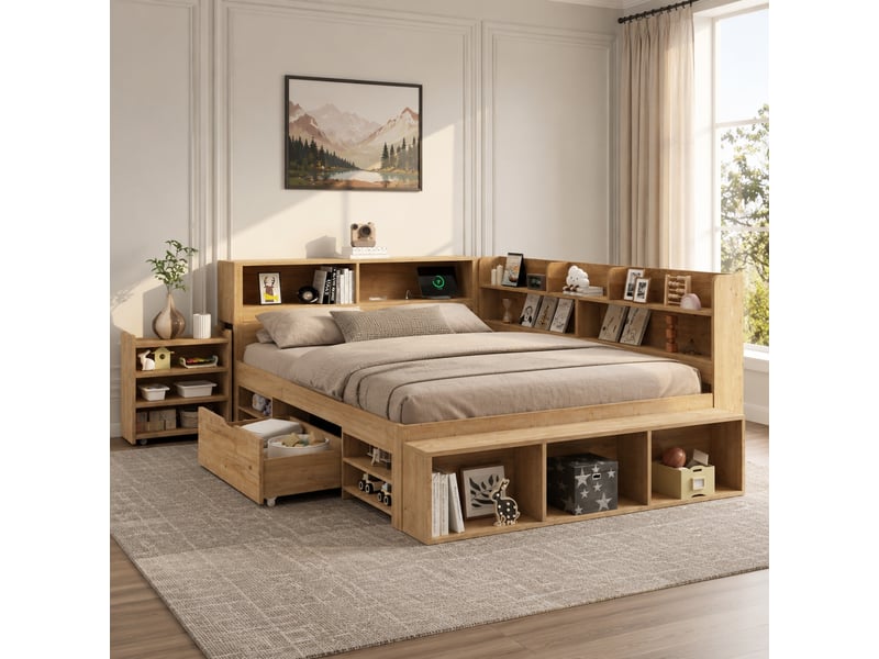  Lit enfant 140x200 cm avec rangements et recharge sans fil, coloris bois naturel  - Conforama C