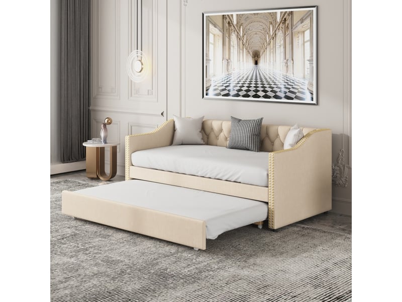  Lit de repos extensible 90 x 200 cm, canapé-lit avec lit gigogne, lit pour enfant (chambre ou salon), revêtement en tissu, sans matelas  - Conforama R