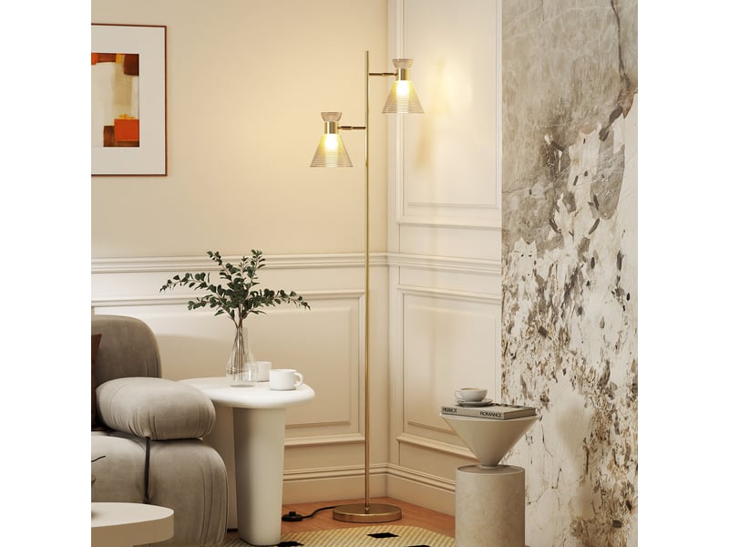  Lampadaire sur pied salon à double tête réglable, lampe sur pied, abat-jour en verre floral, 42 x 25 x 165 cm, doré  - Conforama D
