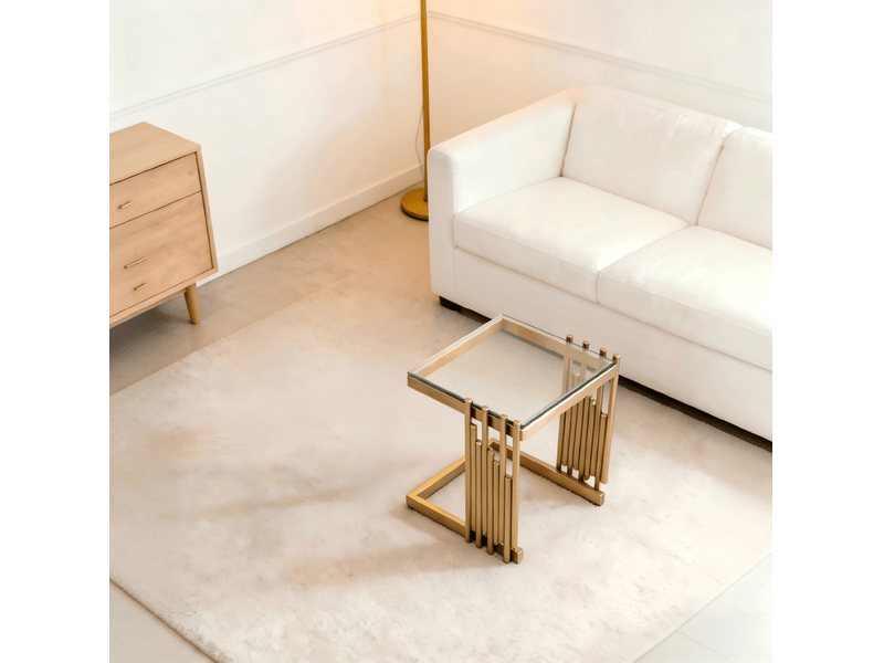  Table d'appoint carrée ulevr 32 x 32 x 37 cm, verre trempé transparent, cadre en acier inoxydable doré finition miroir  - Conforama E