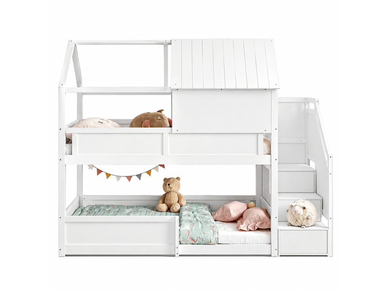  Lit superposé, lit 2 places en bois massif avec escalier, garde-corps et toit, 200x80 cm, sans matelas, blanc  - Conforama A