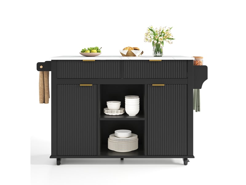 Île de cuisine sur roulettes 143 x 45 cm avec plaque de travail pliante, chariot de cuisine avec 2 tiroirs, 2 portes, étagères à épices et porte-serviettes, placard de cuisine mobile noir - Conforama B