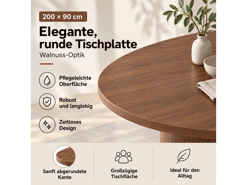  Table à manger 200x90x75cm pour 6 à 8 personnes, plateau épais aux angles arrondis, pieds incurvés, style épuré, effet noyer evarich - Conforama D