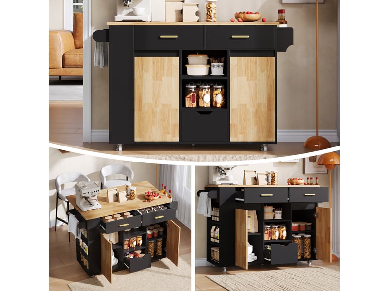 Desserte de cuisine à plateau rabattable, 3 tiroirs, 2 portes, roulettes verrouillables, noir naturel 120 × 71 × 90 cm - Conforama D