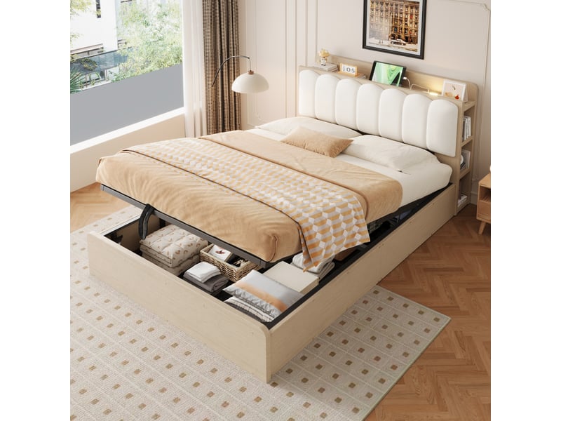  Lit coffre en bois 140x200 cm naturel, rangement hydraulique, tête de lit avec niches, usb et veilleuse Fay Lum - Conforama B