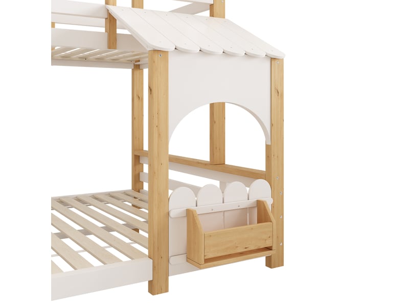 Lit superposé enfant,253x156x226 cm,avec escalier de rangement,blanc et naturel - Conforama E