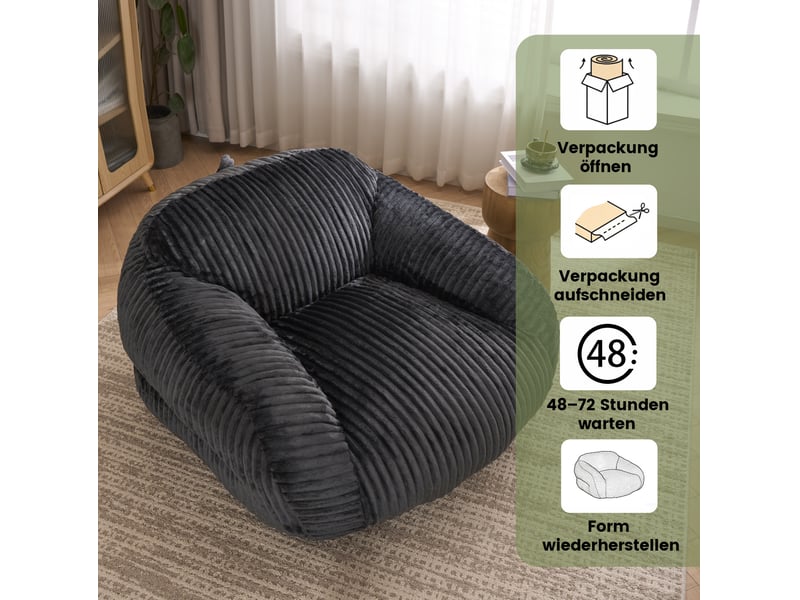  Fauteuil pouf adulte sans montage, dossier enveloppant et mousse, livré compressé en velours côtelé gris foncé  - Conforama D
