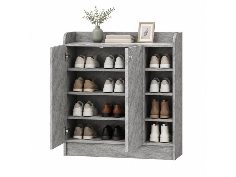  Meuble à chaussures 83 x 30 x 90 cm en panneaux de particules et mdf avec 2 portes et 4 compartiments ouverts gris chicfurn  - Conforama A